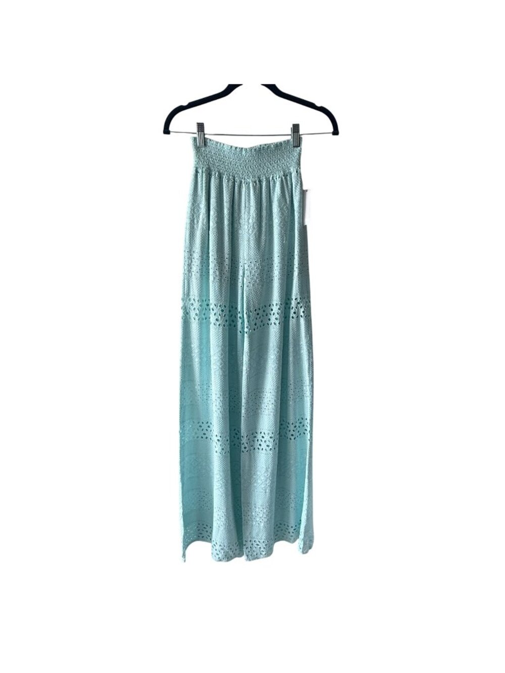 Alice & Olivia OS Crochet Sheer Eyelet Aqua Blue Wide Leg Pants Smocked Waist